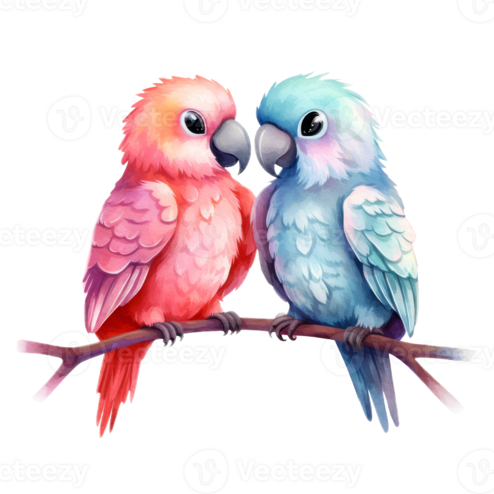 Two colorful parrots perched on a branch share a tender moment png