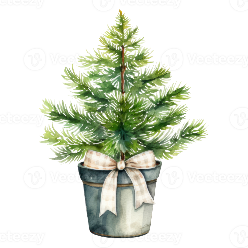 A potted Christmas tree with a beige bow png