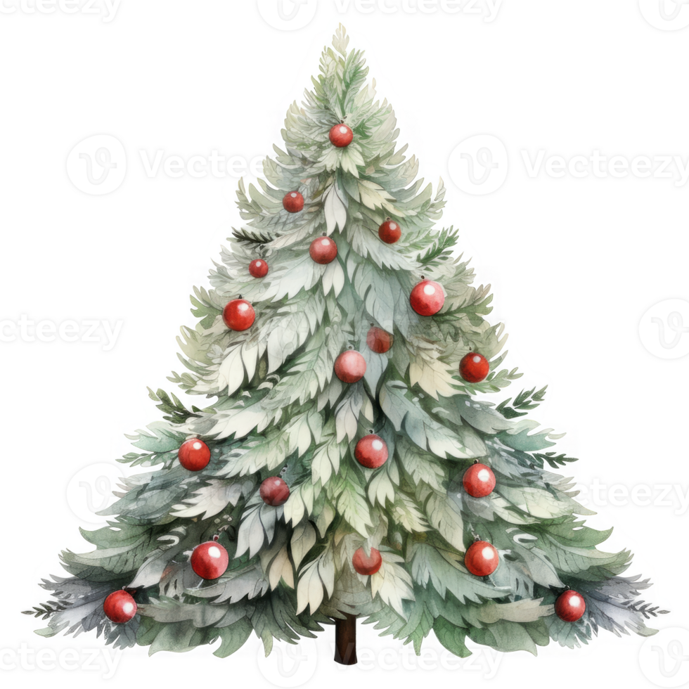 Ornate Watercolor Christmas Tree With Red Ornaments png