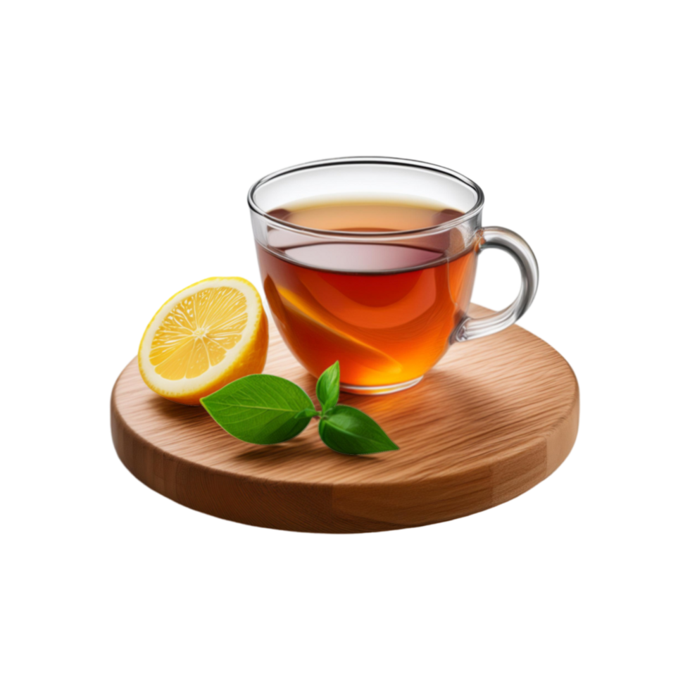 Wooden chopping board with lemon tea on transparent background png