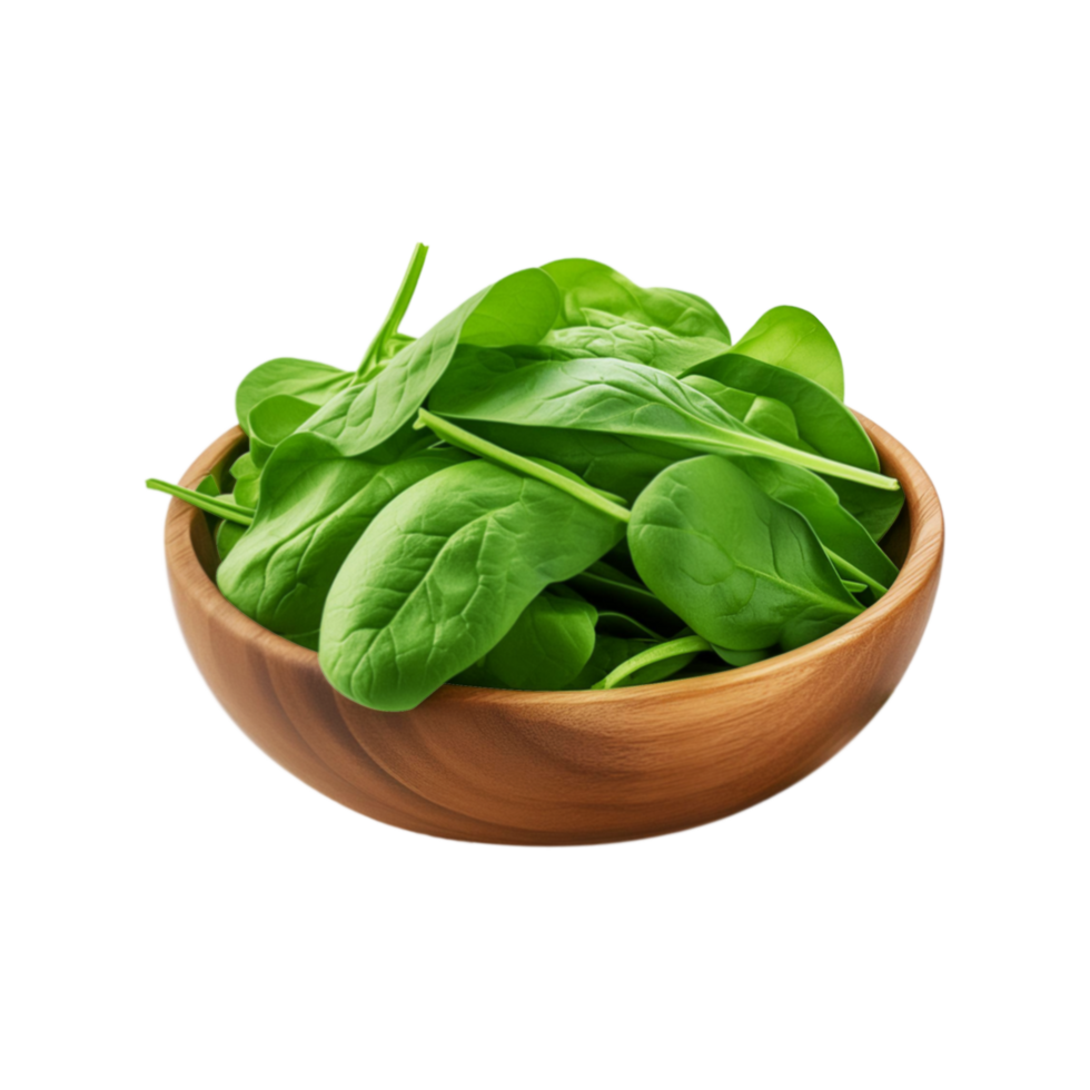 Spinach vegetable in a wooden bowl on transparent background png