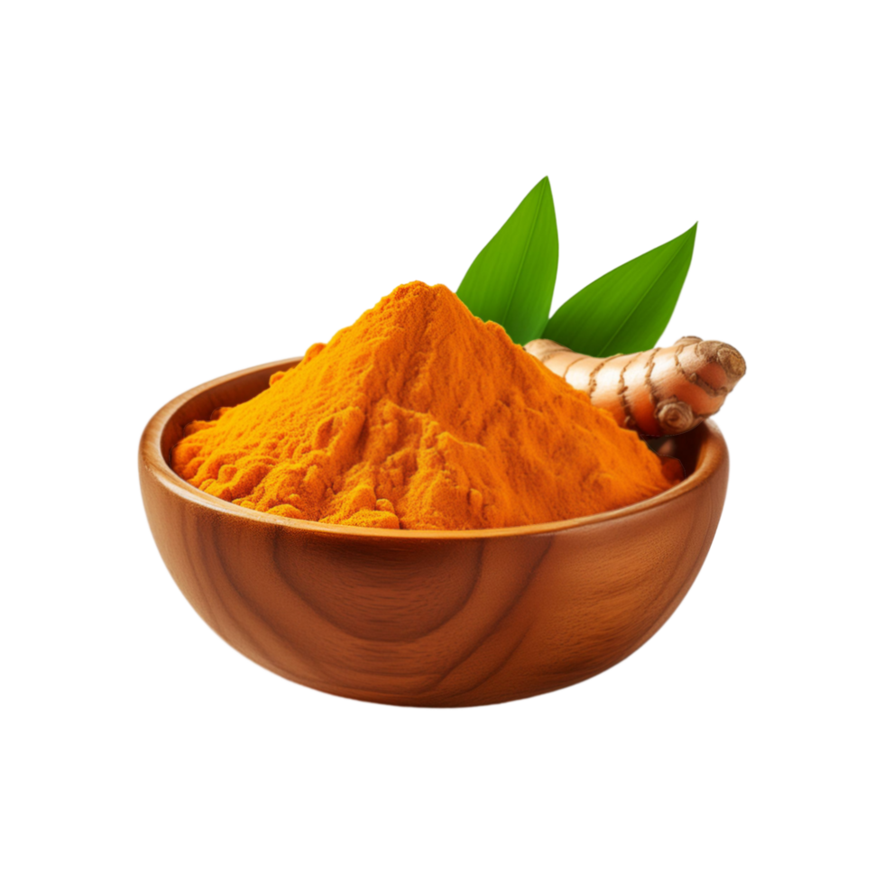 Wooden bowl of turmeric powder with green leaf on transparent background png