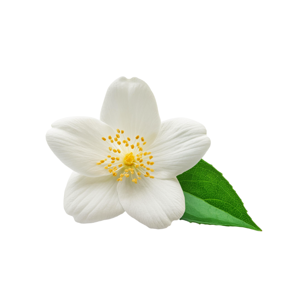 Beautiful white jasmine flower with green leaf on transparent background png