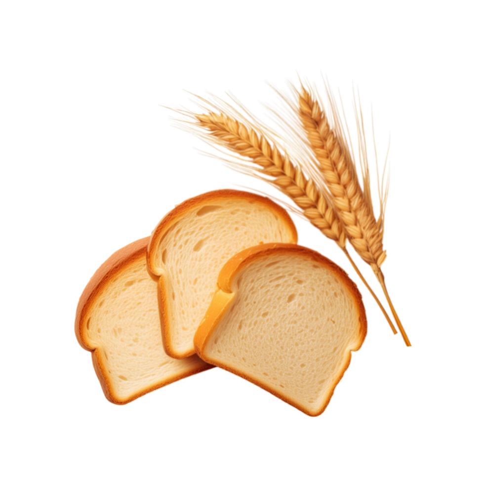 Top view of bread slices with fresh wheat branch on transparent background png