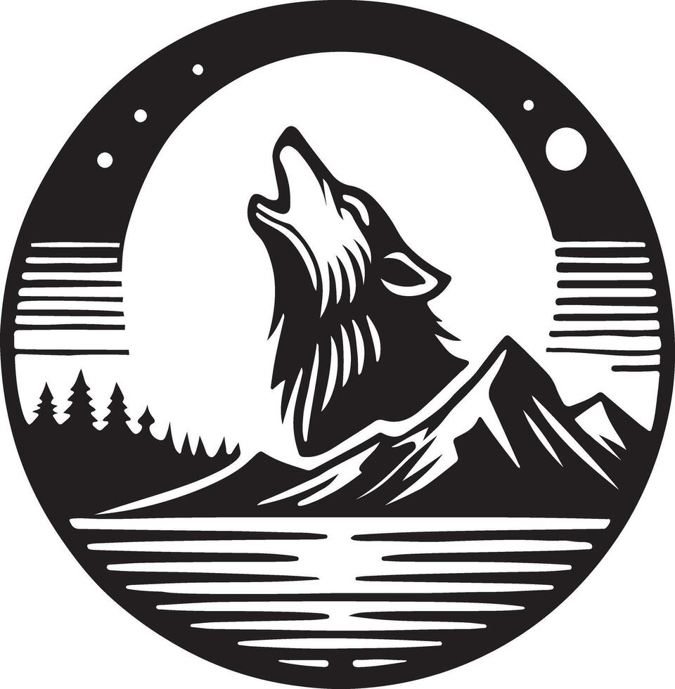 Majestic howling wolf under a full moon, nestled in a mountain landscape A bold, black and white graphic design showcases a howling wolf positioned under a full moon. vector