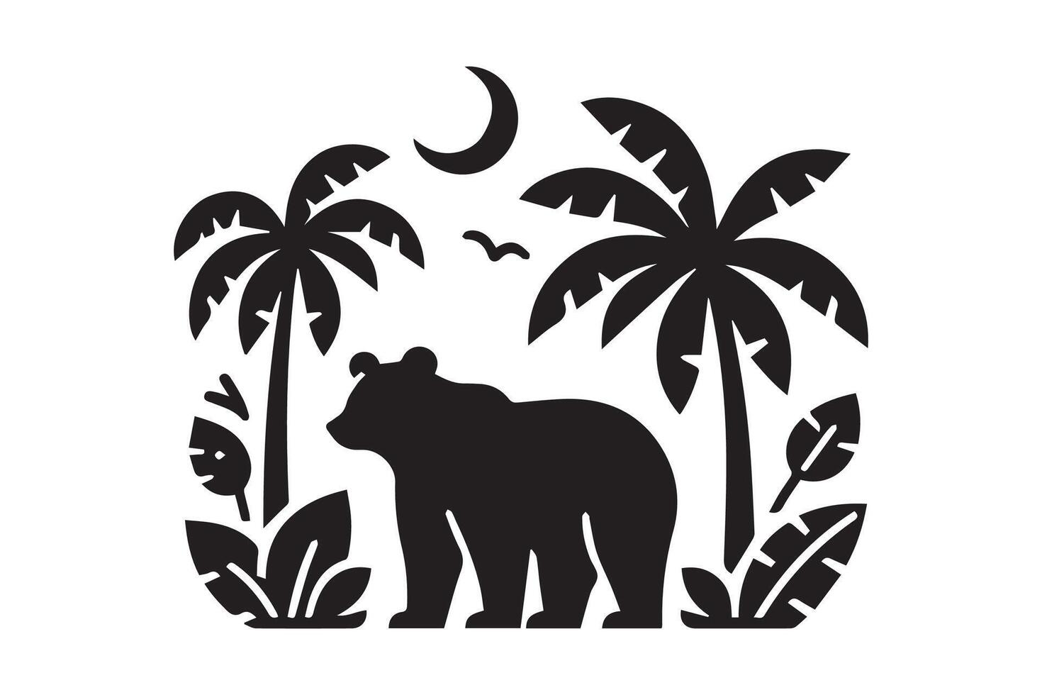 A black and white silhouette of a bear and palm trees vector