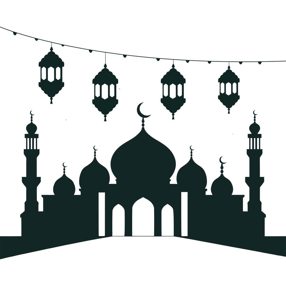 Silhouette of black mosque with lantern icon. Black mosque icon on white background. vector