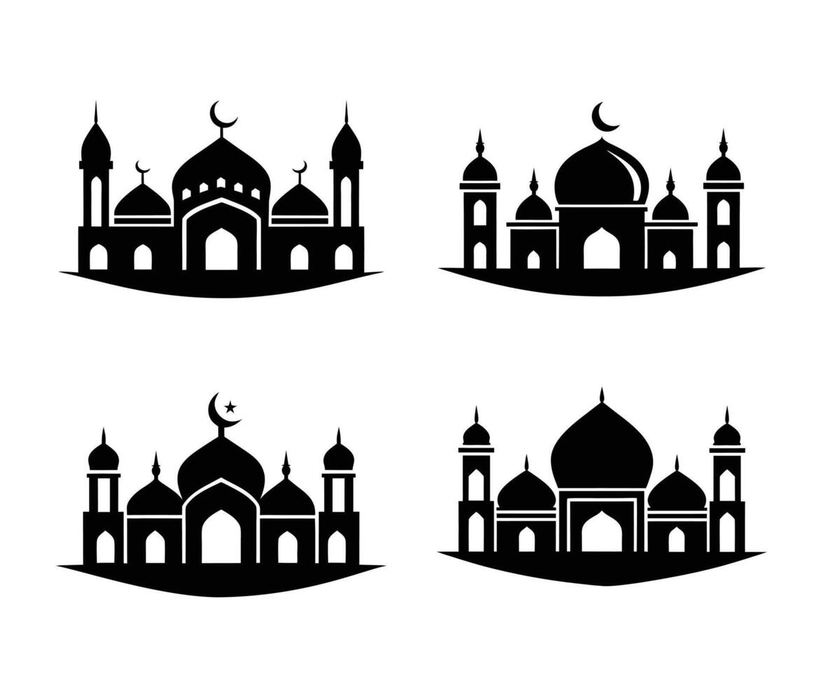 Set of 4 Muslim mosque silhouette. Modern mosque icon with white background. Muslim mosque silhouette festival illustration. vector