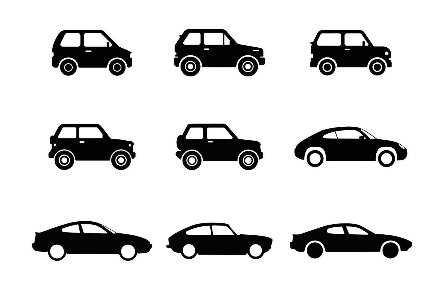 Set of Car Silhouette isolated white background. Car icon side view. Doodle collection. auto vehicle transport silhouette. vector