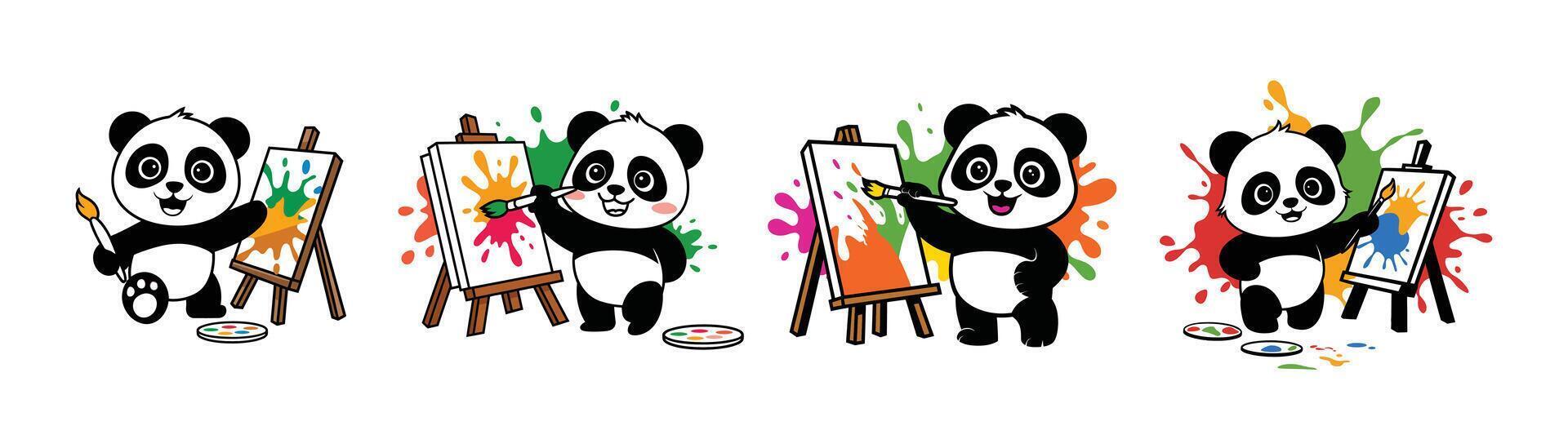 Adorable Pandas Painting with Splashes of Color vector