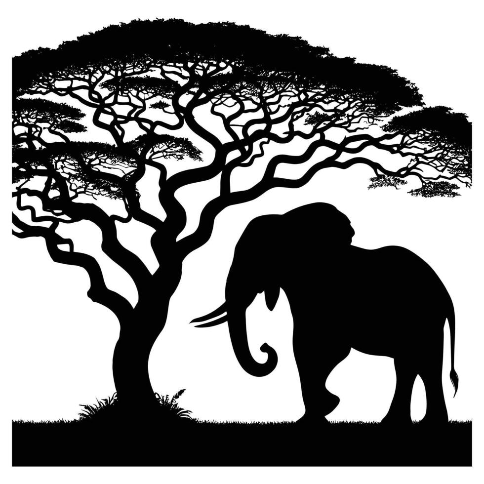 Silhouette of an Elephant Under a Large Acacia Tree vector