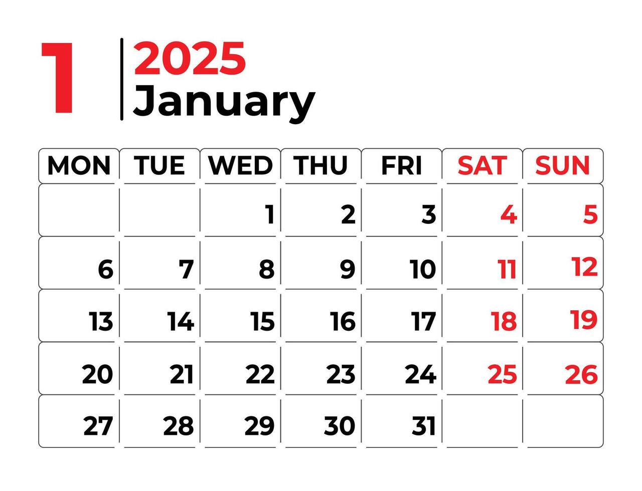 January 2025 Monthly Calendar design week starts from sunday vector