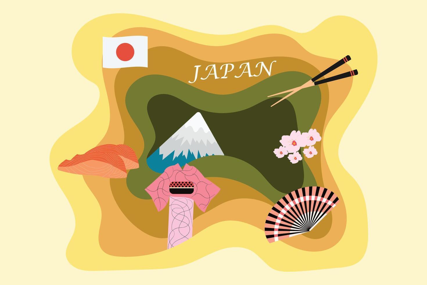 Japanese Paper cut design of chop stick, Salmon fish, Sakura, Kimono, Fuji Mountain, Sensu , Traditional Japanese Fan vector