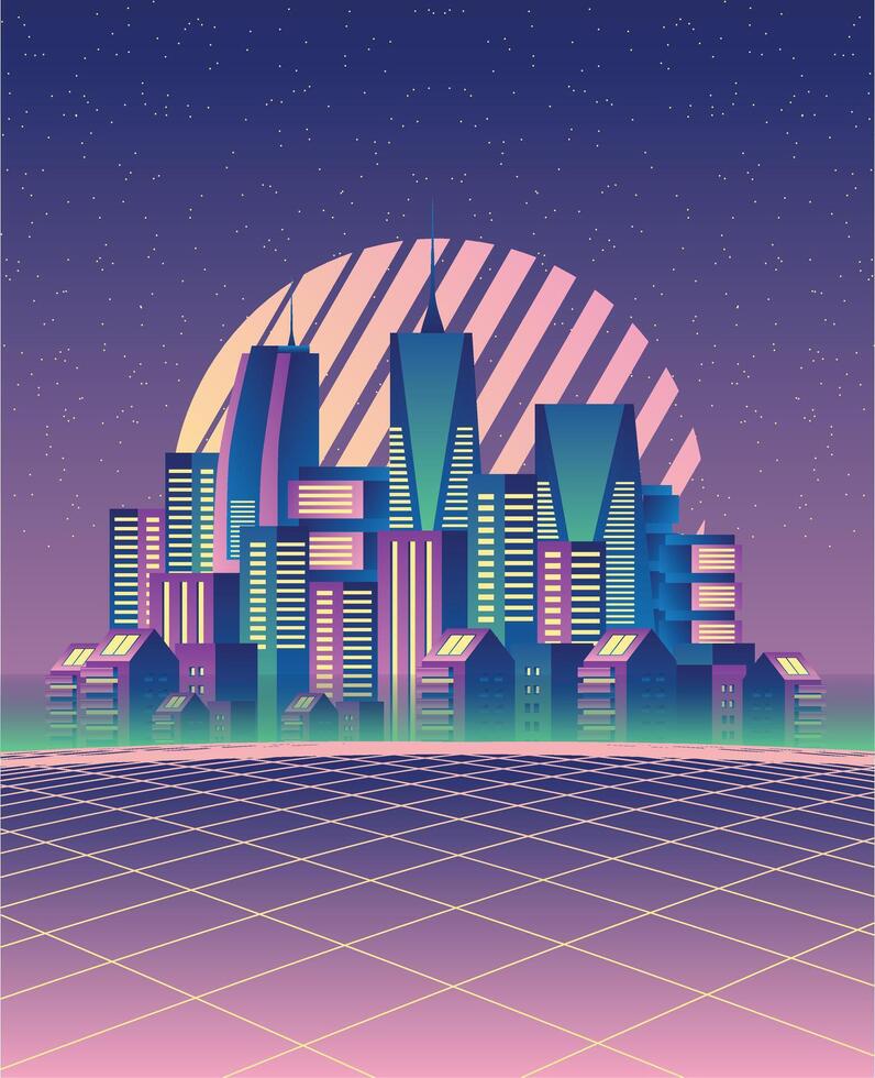 vaporwave retro grid neon city landscape backgrond vector