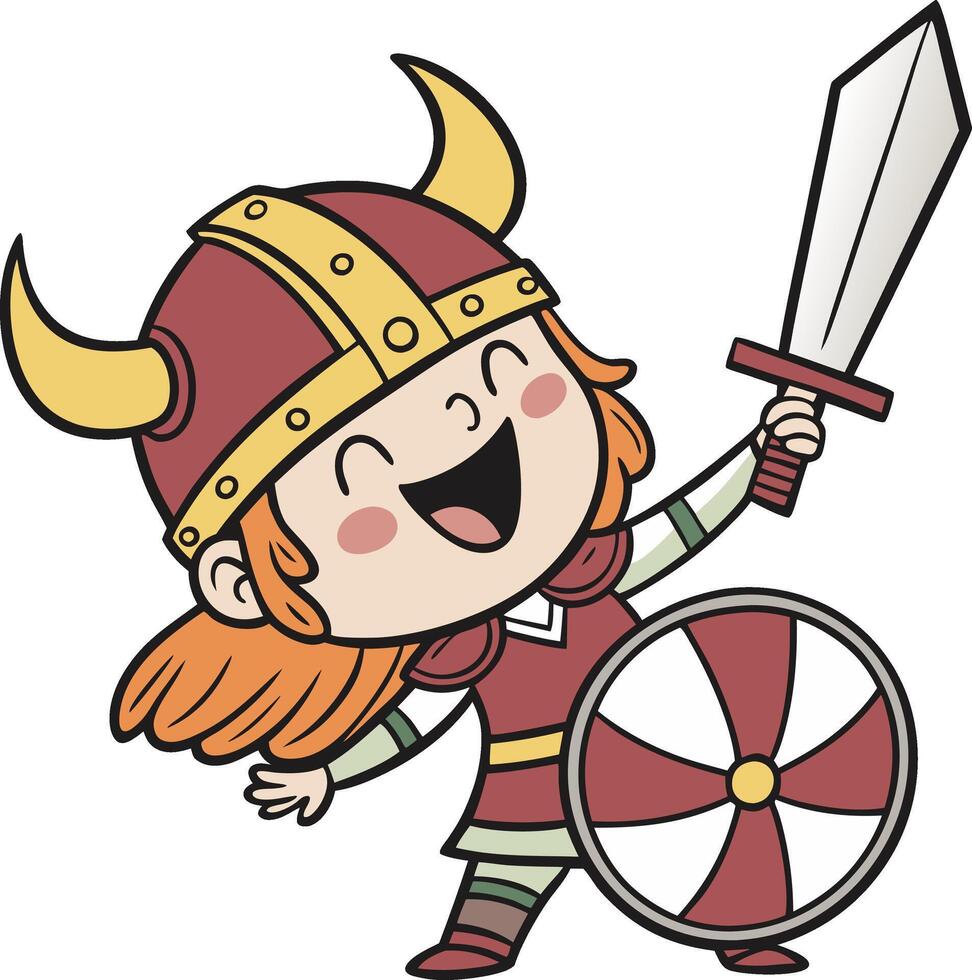A cartoon viking girl holding a sword and shield vector