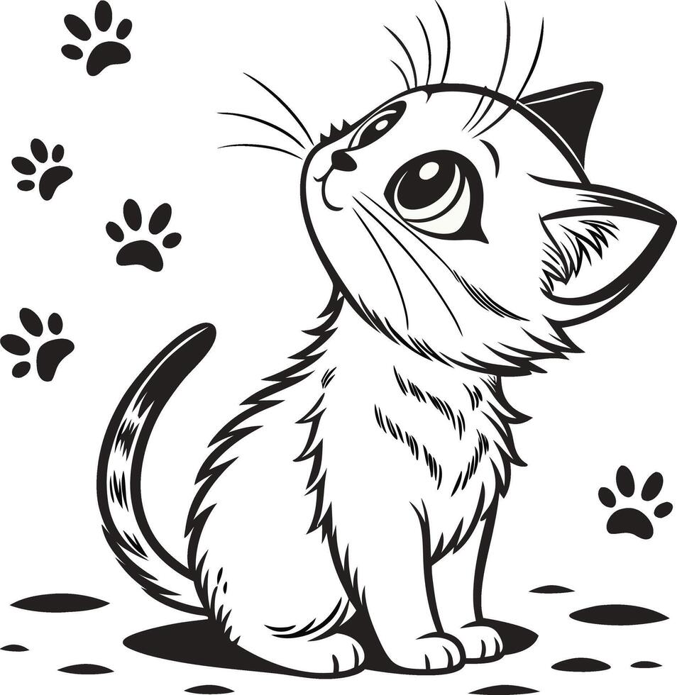 A black and white drawing of a kitten with paw prints vector