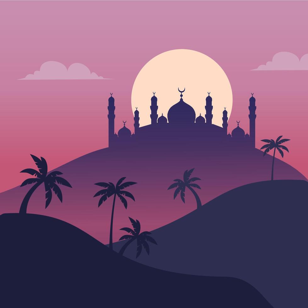 Islamic mosque with palm trees and sunset on a hill vector