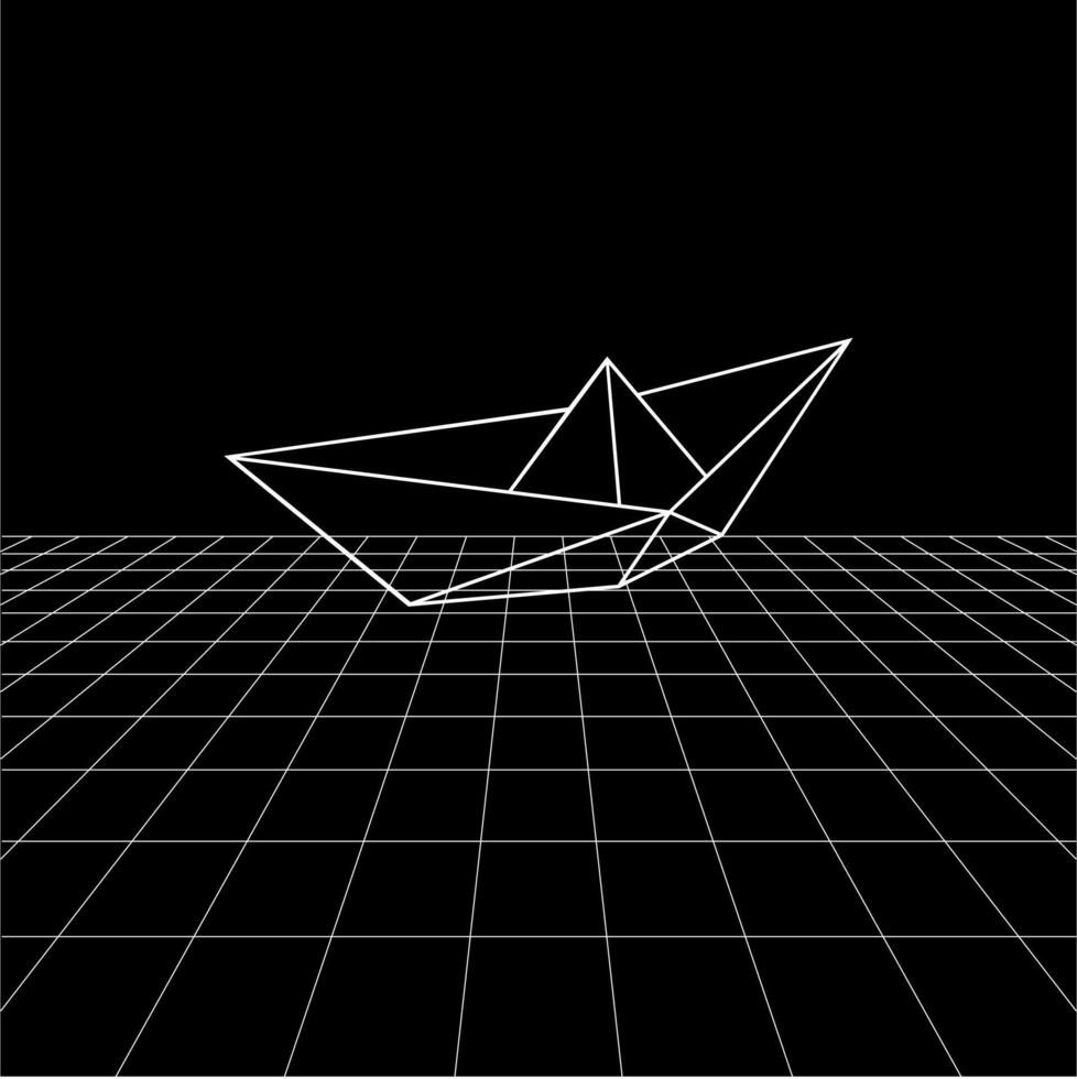 Boat polygonal lines on the Synthwave vaporwave, perspective grids, wireframe landscape background, laser grid in deep space. vector