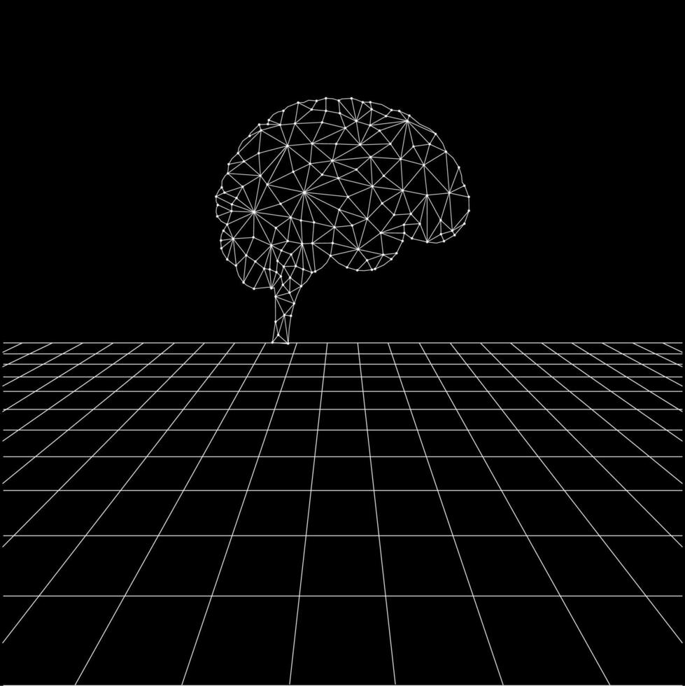 Brain polygonal lines on the Synthwave vaporwave, perspective grids, wireframe landscape background, laser grid in deep space vector