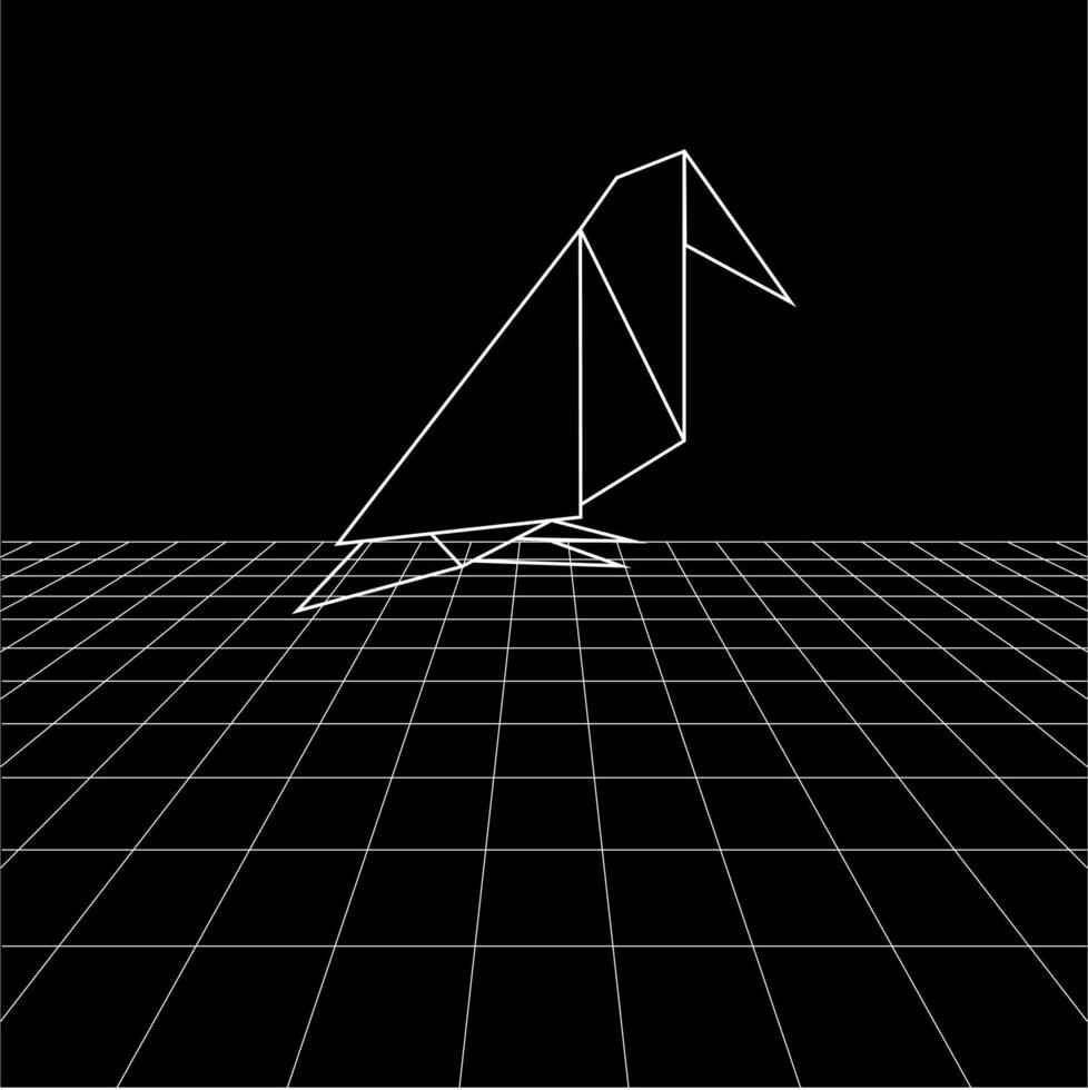 Bird polygonal lines on the Synthwave vaporwave, perspective grids, wireframe landscape background, laser grid in deep space vector