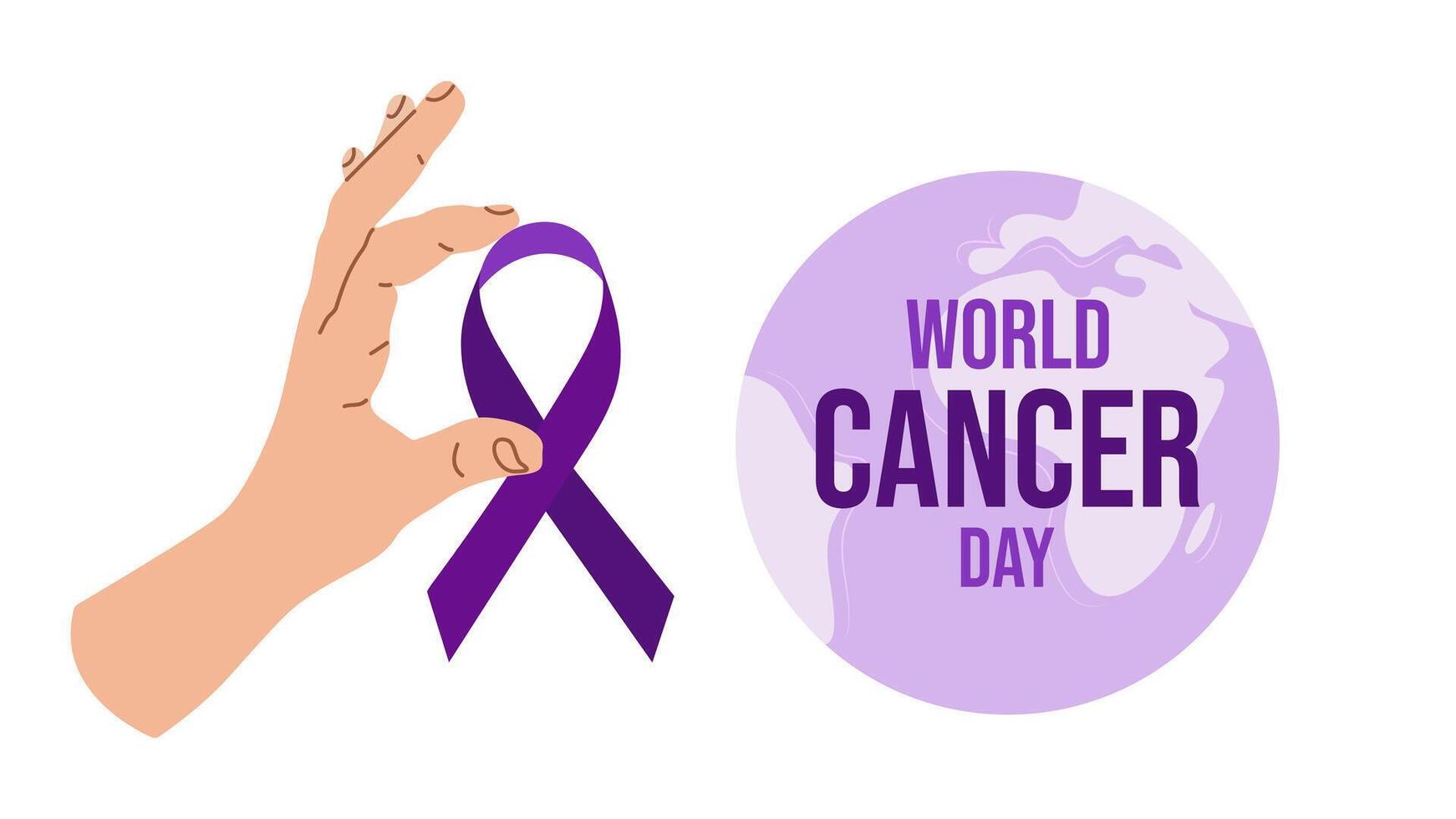 World Cancer Day. February 4th. Raising awareness. Hand holds the ribbon. Purple ribbon symbol fight against cancer banner. Expressing support for patients and their families. illustration. vector