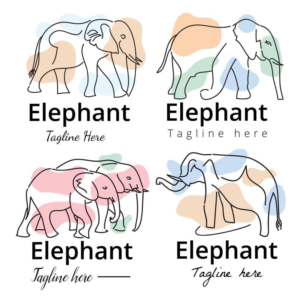 Four Elephant line art abstract shaped logo template set illustration with dummy text on white background. vector