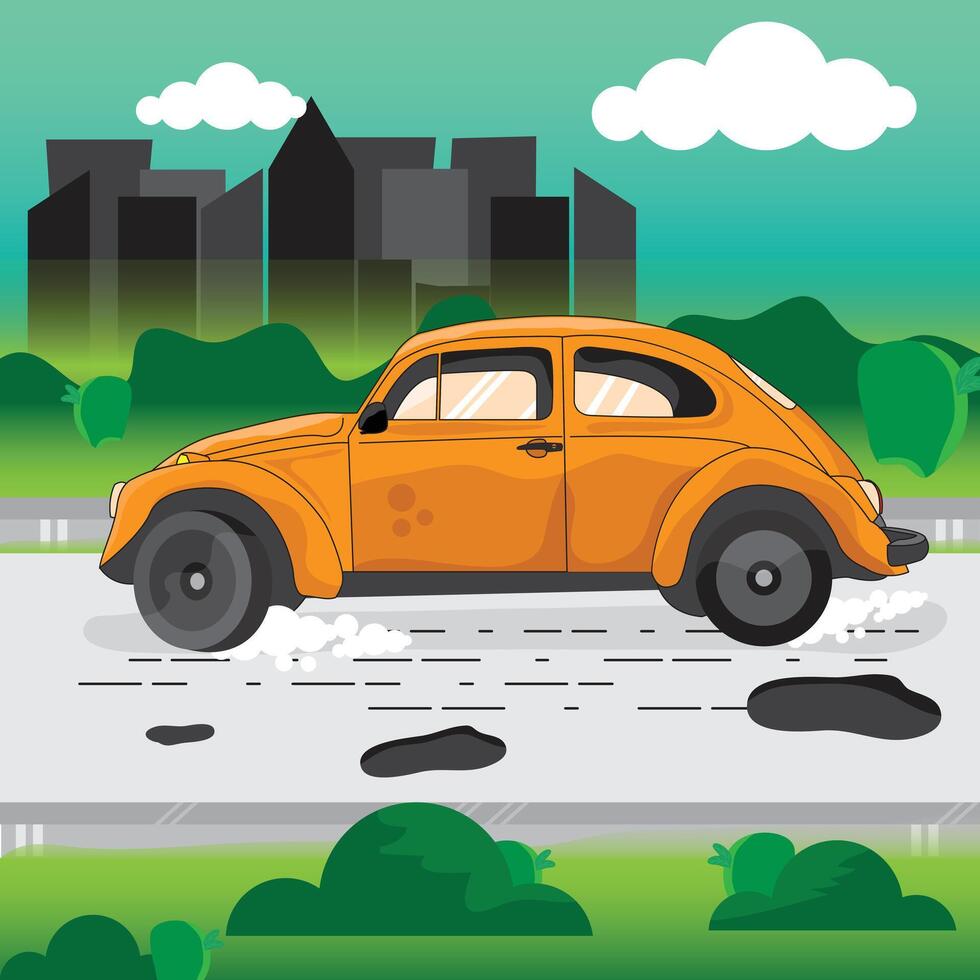 Yellow car on road and landscape of field and countryside with cloud on sky illustration. vector