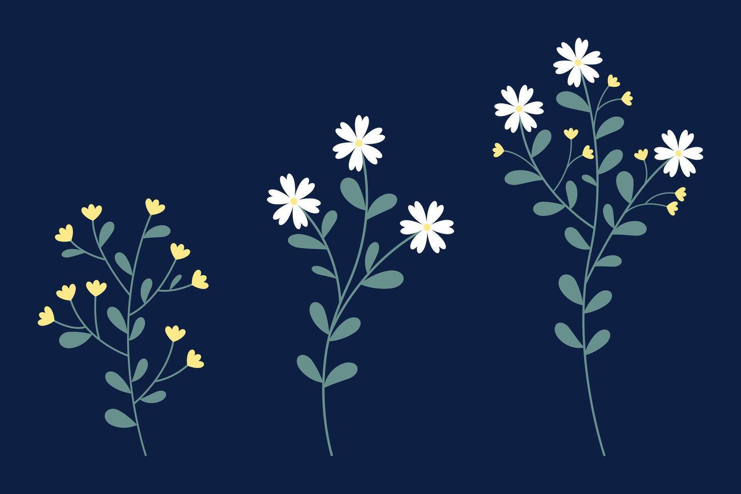 Collection Of White And Yellow Flowers With Green Leaves vector