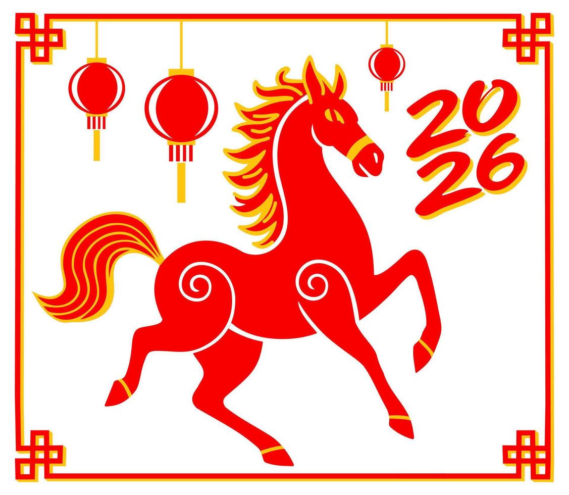 2026. Chinese Year of the Horse. Red fiery horse and chinese lantern in frame vector