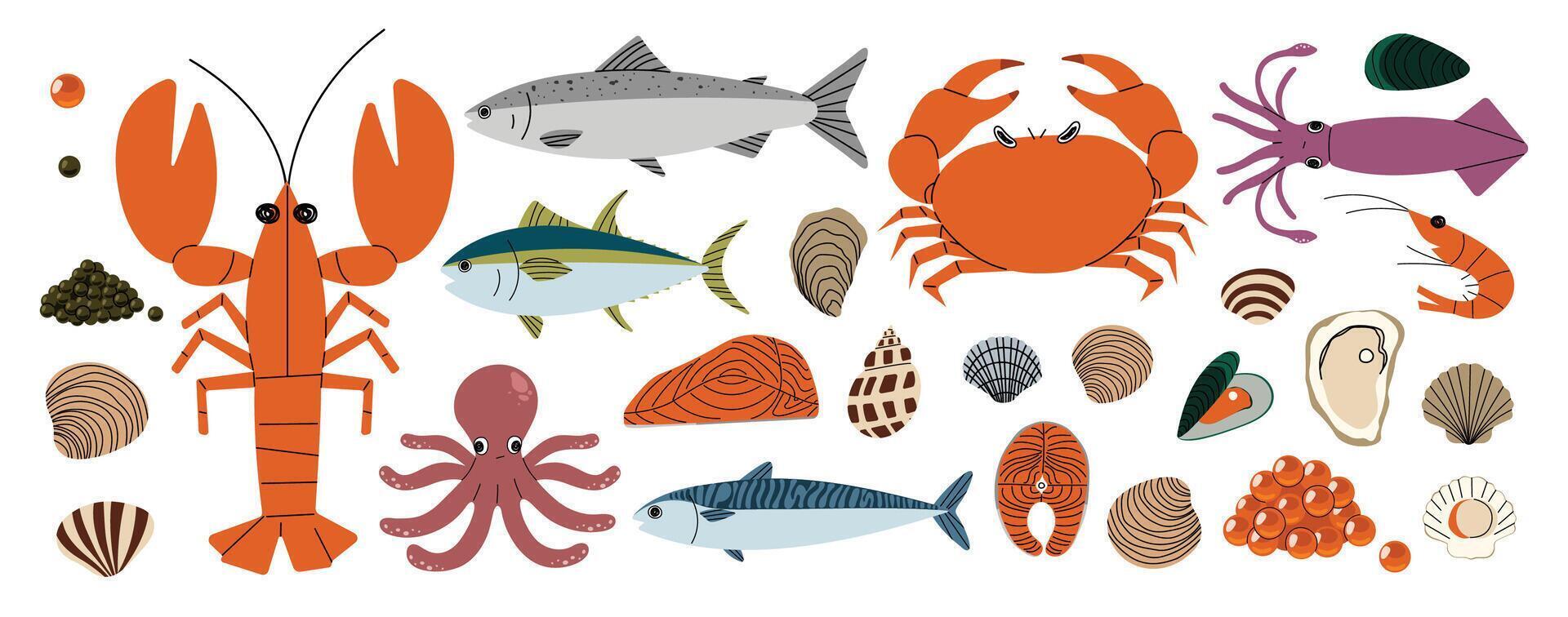 Seafood Collection cute on a White background, illustration. vector