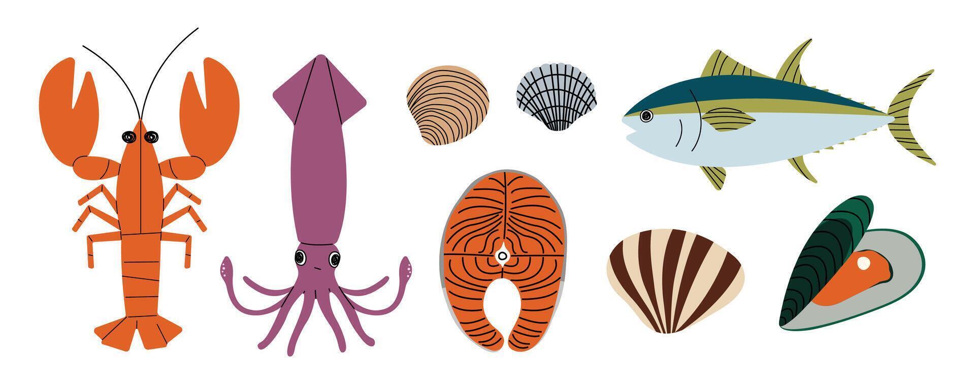 Seafood cute on a White background, illustration. vector