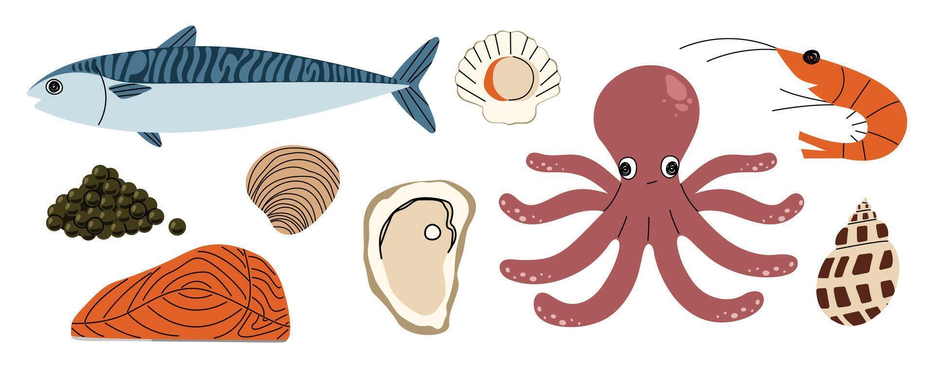 Seafood 3 cute on a background, illustration. vector