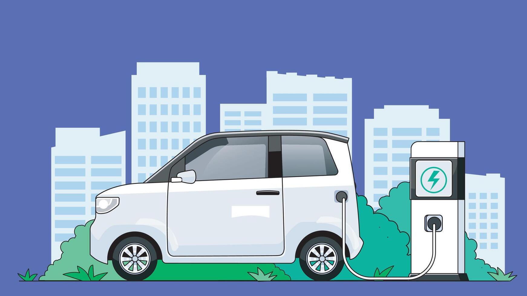 Electric Car Charging Battery at Station with City Background. Illustration Transport Technology vector