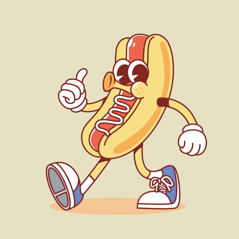 Mascot Cartoon Retro Vintage Rubber Hose Hotdog with Sauce Mayonnaise vector