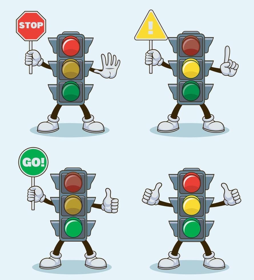 Traffic Light Mascot Holding Road Sign Stop Slow and Go. character illustration transportation vector