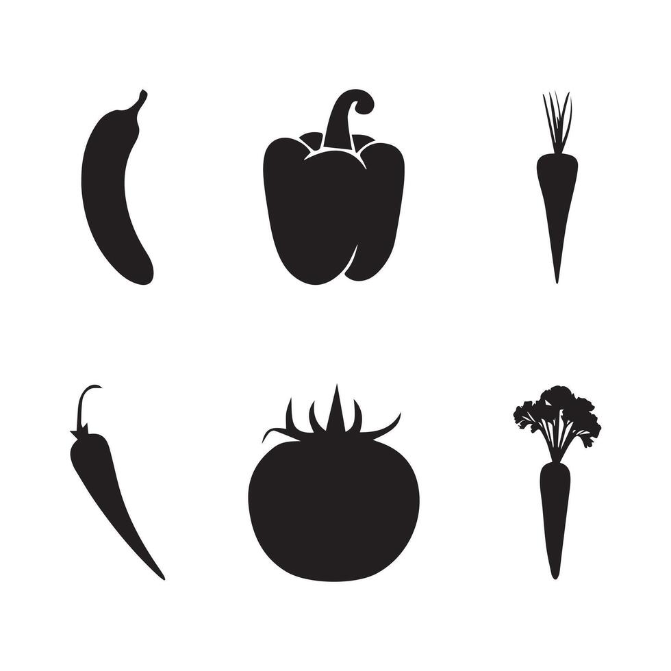 Banana, Capsicum, Carrot, Chili, Tomato, and Radish vegetable silhouette vector