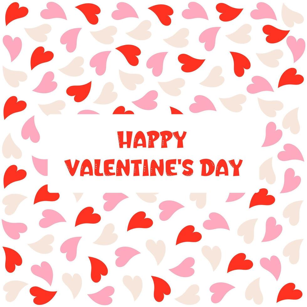 Romantic greeting card, cute Happy Valentine's Day banner design. Festive background with many red, pink, pastel hearts on white fabric background. Template for promotion and shopping for love vector