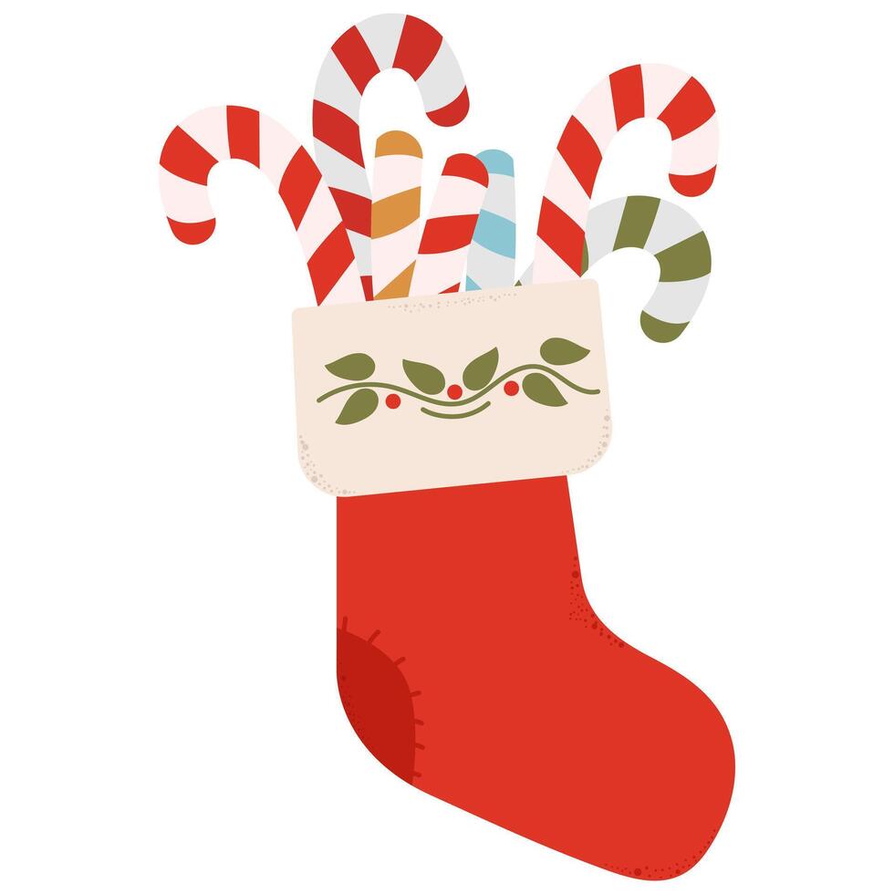 Red Stocking with candies isolated on white background. Christmas concept. Ideal for greeting cards, invitations, flyers. vector