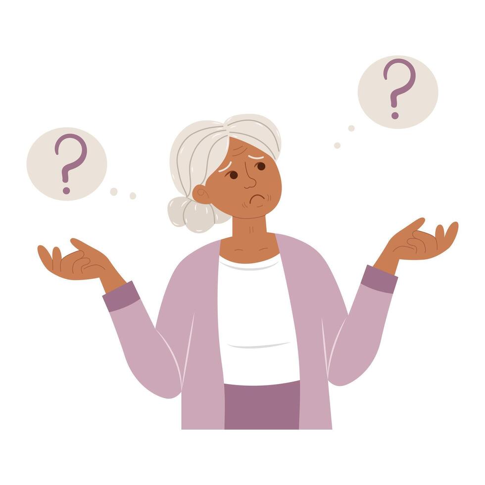 Choice concept. Elderly woman doubting about choosing path, method, decision making thinking about problem. Dilemma of choice. Doubt, feeling uncertain concept vector