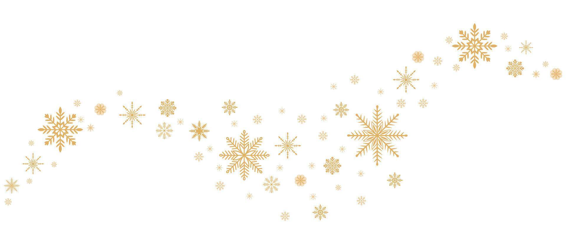 Snowflakes falling in doodle style, illustration. Wave of cold winter air in windy weather. Snowflakes outline for print and design. Isolated golden element on white background. Winter symbol nature vector
