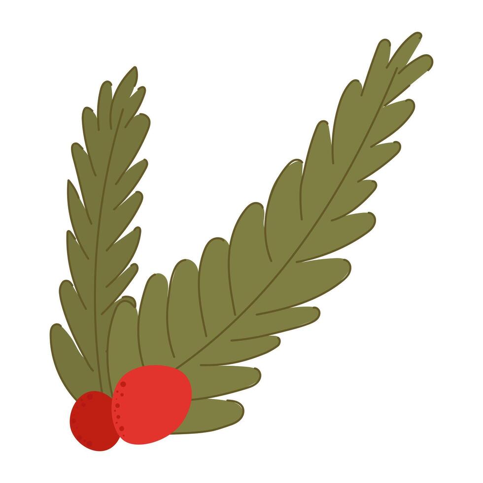 Festive floral decor with winter holly berries, with leaves. New Year's mistletoe branch. Flat illustration isolated on white background. vector