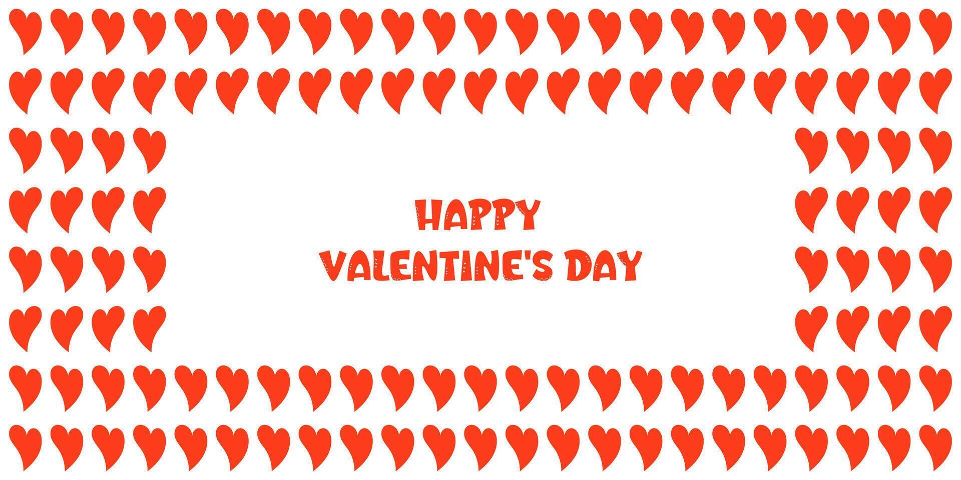Romantic greeting card, cute Happy Valentine's Day banner design. Festive background with many red hearts on white fabric background. Love and Valentine's Day concepts. Horizontal poster, flyer vector