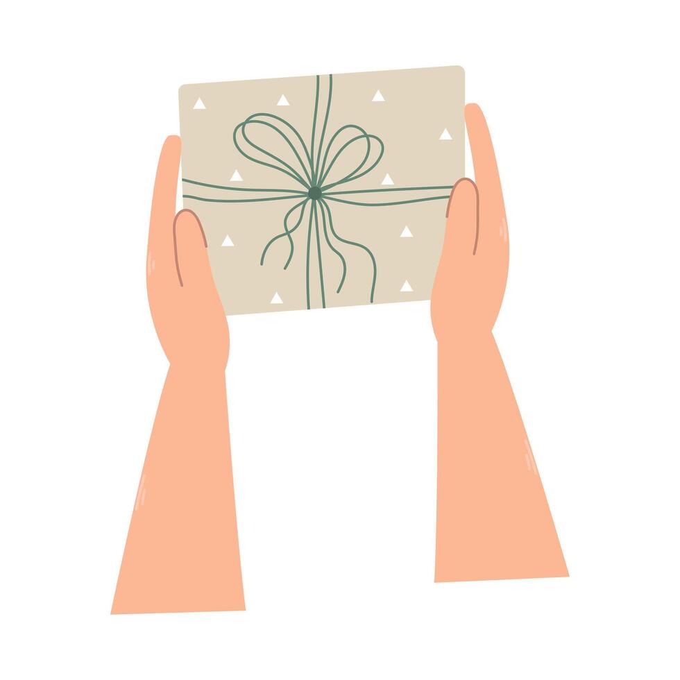 Hands holding a gift box. Preparation for celebrating Christmas or New Year, birthday. Top view. Flat isolated illustration. vector