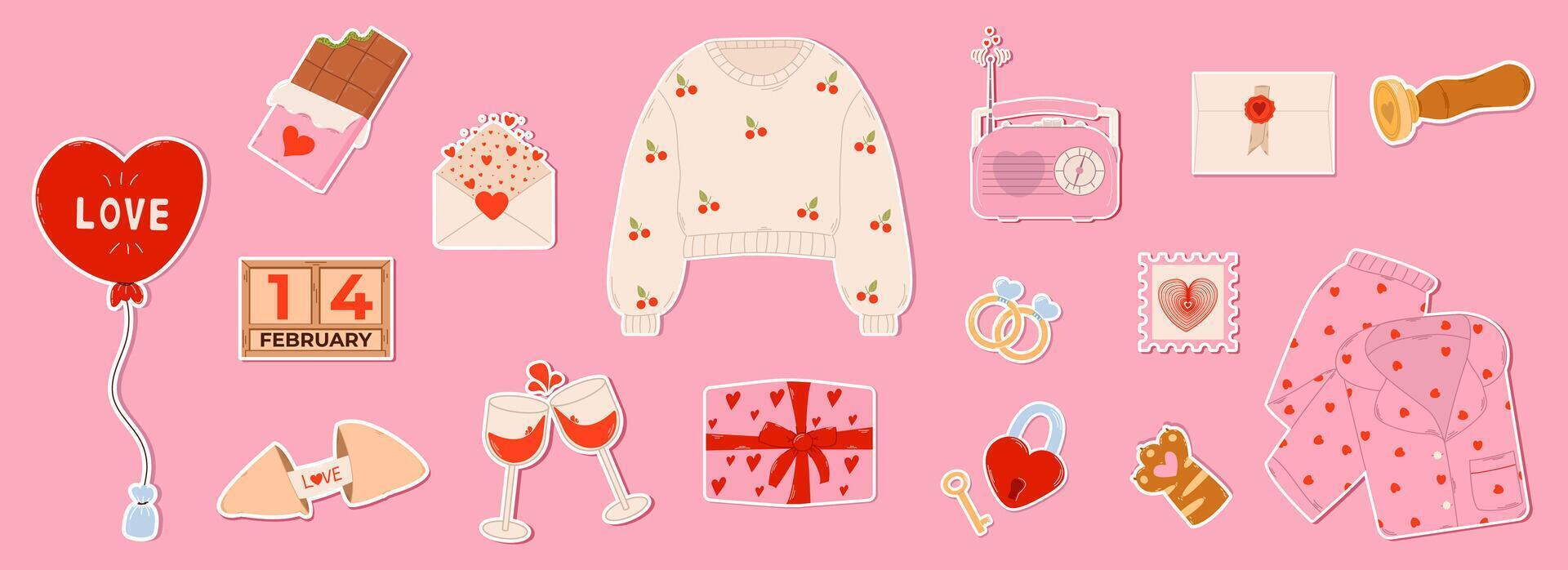 Collection of stickers for Valentine's Day including cozy sweater, rings, gifts and holiday decorations. Cute elements for scrapbooking. Hand drawn style. vector