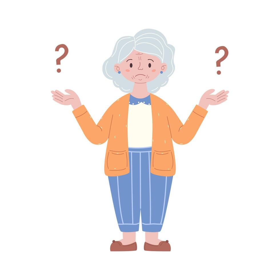 Doubt, feeling of uncertainty concept. Elderly woman standing in doubt thinking about dilemma trying to decide with question marks above illustration vector