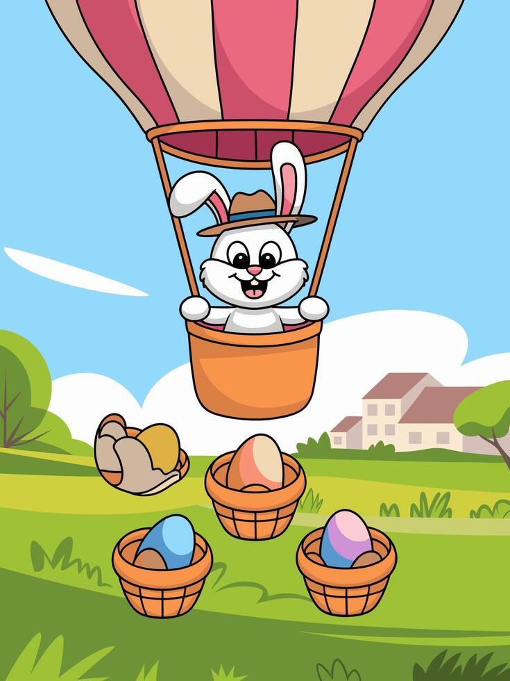 Cute Easter Bunny in Hot Air Balloon Dropping Eggs vector