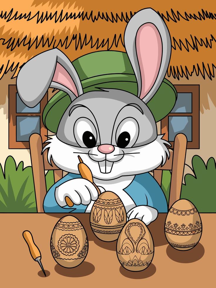 Cute Easter Bunny Carving Easter Eggs Under a Thatched Roof vector