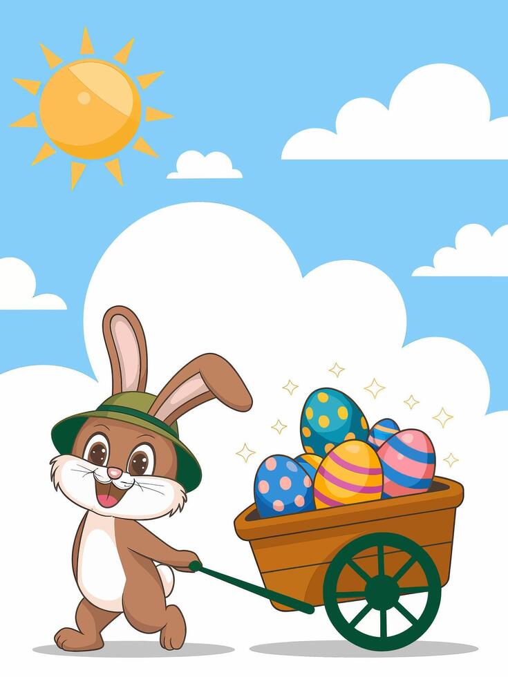Cute Easter Bunny Pushing a Cart Full of Colorful Eggs vector