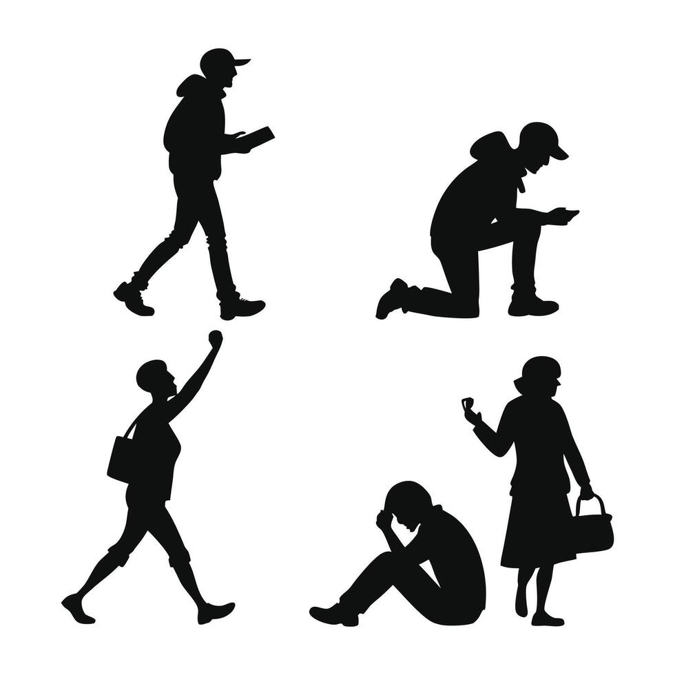 Silhouettes of people walking, sitting and standing vector