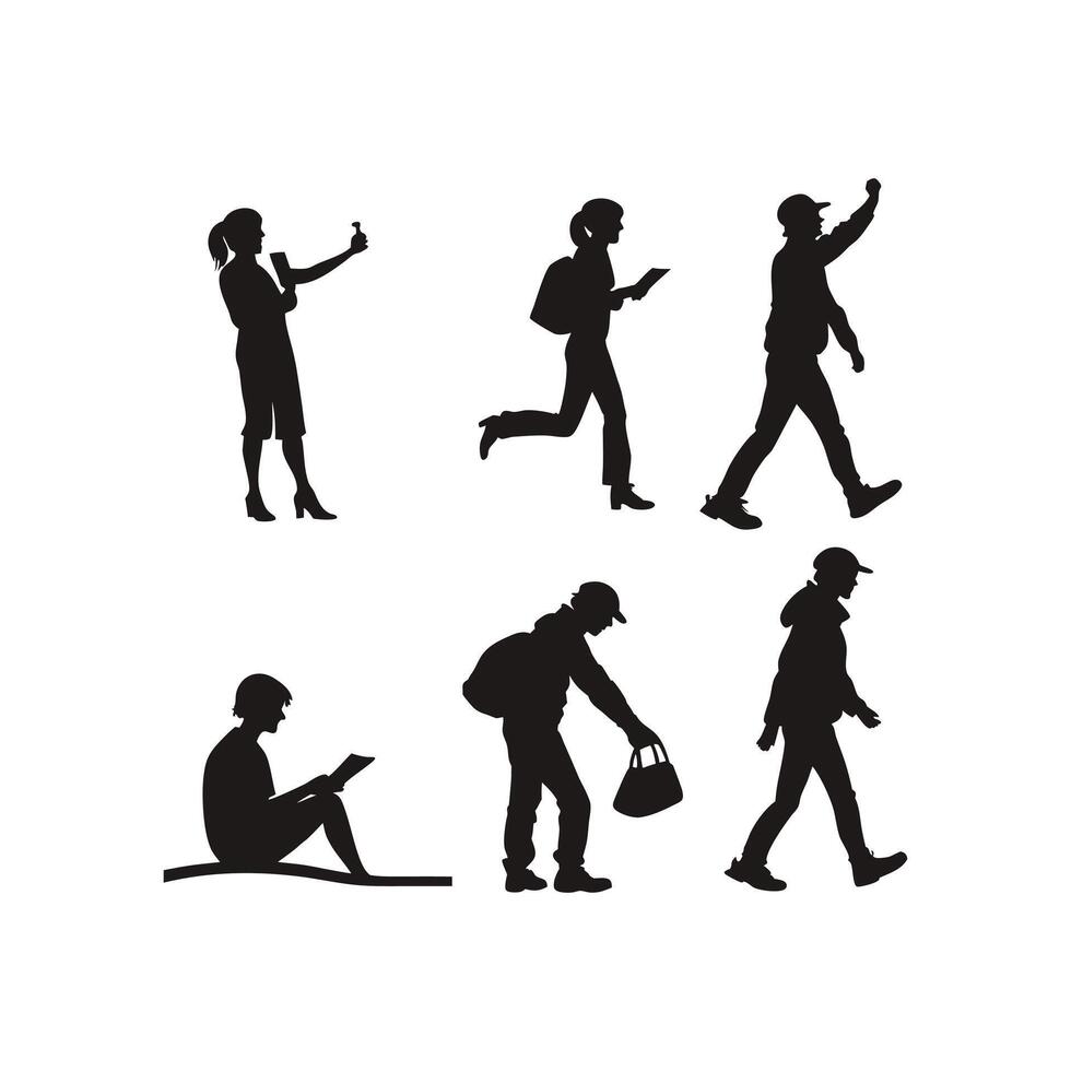 People walking and using cell phones silhouette vector